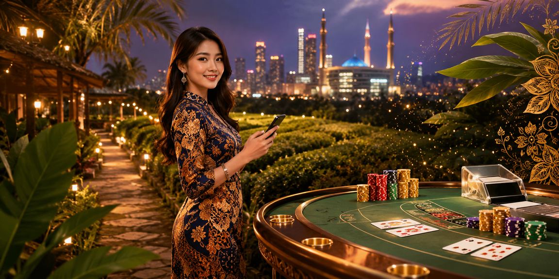 Meja baccarat langsung di kasino dengan latar batik Selangor yang penuh warna